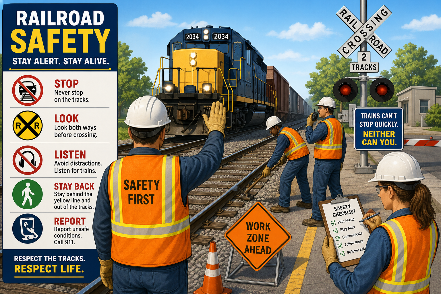 Railroad safety poster with workers directing a locomotive, safety rules listed on the left and a 'Work Zone Ahead' sign nearby.